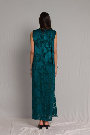 Bastet Noir Women's Dress Teal Turtleneck Sleeveless A-Line Silk Maxi Cocktail Dress with Side Slit