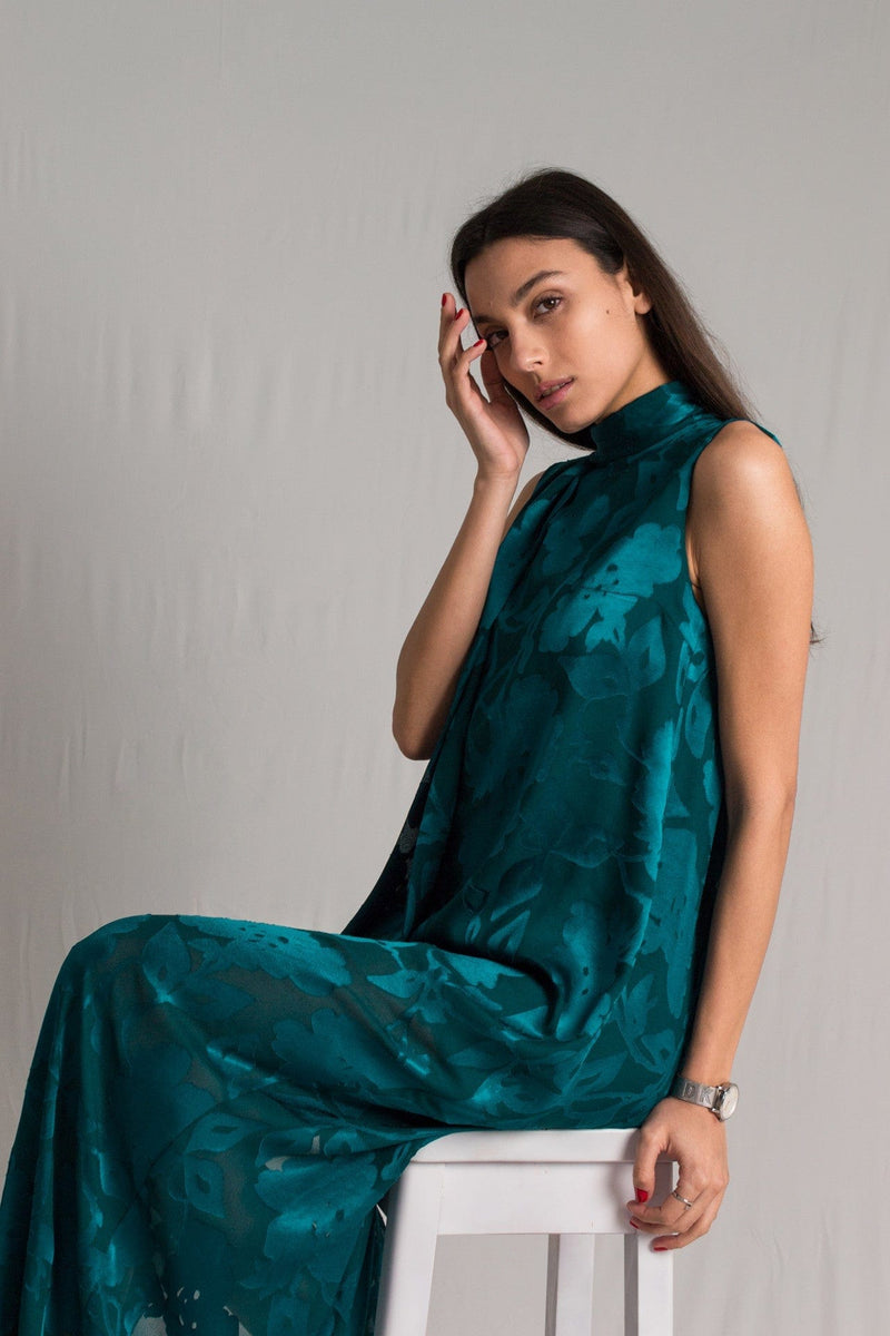 Bastet Noir Women's Dress Teal Turtleneck Sleeveless A-Line Silk Maxi Cocktail Dress with Side Slit