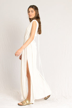 Bastet Noir Women's Dress The Psame Reversible White Maxi Dress With Drop Shoulder, Double Side Slit & Drawstrings