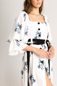 Bastet Noir Women's Dress The Shi 100% Cotton Midi Dress With Palms, Puff Sleeves, & Fabric Belt