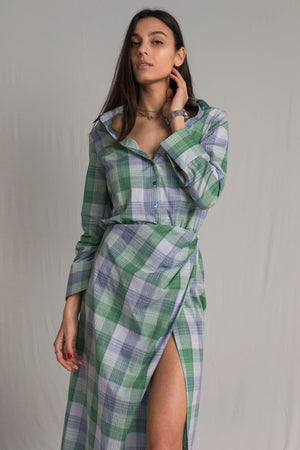 Bastet Noir Women's Dress Women's Cotton Shirt Dress with V-Neck and High Slit in Blue and Green Check