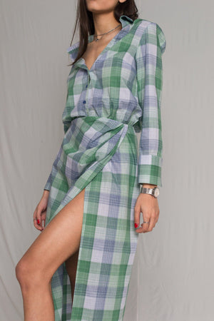 Bastet Noir Women's Dress Women's Cotton Shirt Dress with V-Neck and High Slit in Blue and Green Check