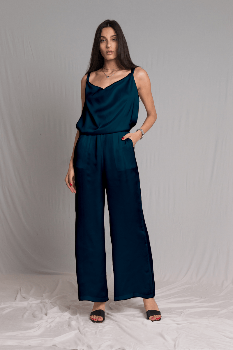 Bastet Noir Women's Jumpsuits & Rompers CUSTOM / Teal Sleeveless & Backless Silk Satin Jumpsuit in White, Light Blue, or Dark Blue