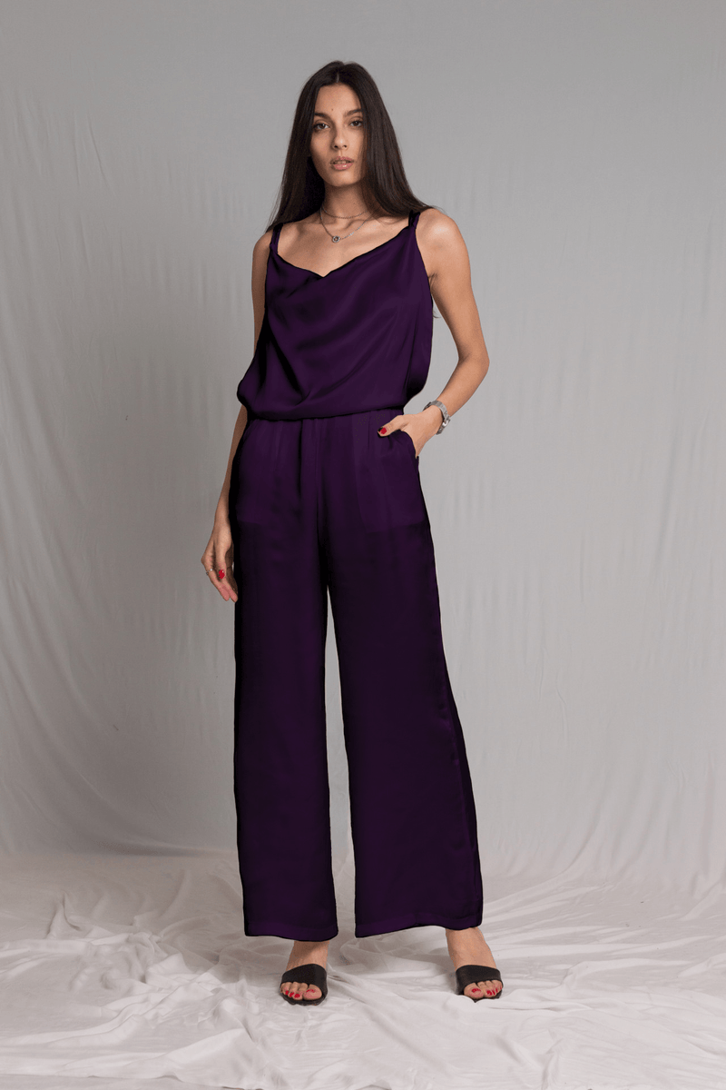 Bastet Noir Women's Jumpsuits & Rompers EU36/US4 / Dark Purple Sleeveless & Backless Silk Satin Jumpsuit in White, Light Blue, or Dark Blue