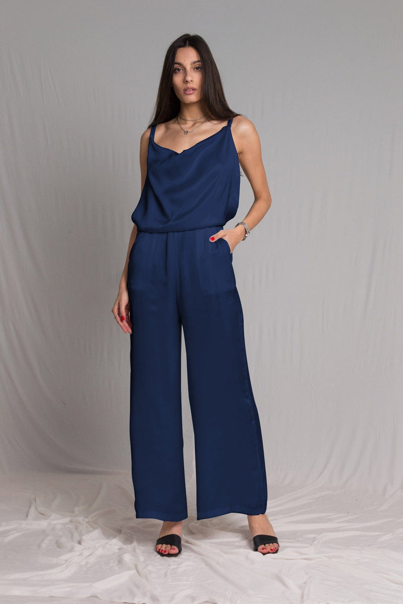 Bastet Noir Women's Jumpsuits & Rompers EU36/US4 / DarkBlue Sleeveless & Backless Silk Satin Jumpsuit in White, Light Blue, or Dark Blue