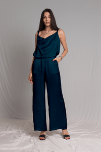 Bastet Noir Women's Jumpsuits & Rompers EU36/US4 / Teal Sleeveless & Backless Silk Satin Jumpsuit in White, Light Blue, or Dark Blue