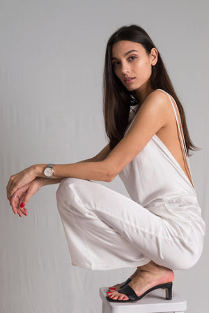 Bastet Noir Women's Jumpsuits & Rompers Sleeveless & Backless Silk Satin Jumpsuit in White, Light Blue, or Dark Blue