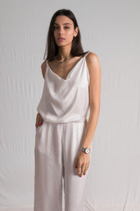 Bastet Noir Women's Jumpsuits & Rompers Sleeveless & Backless Silk Satin Jumpsuit in White, Light Blue, or Dark Blue