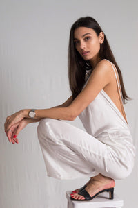 Bastet Noir Women's Jumpsuits & Rompers Sleeveless & Backless Silk Satin Jumpsuit in White, Light Blue, or Dark Blue