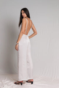 Bastet Noir Women's Jumpsuits & Rompers Sleeveless & Backless Silk Satin Jumpsuit in White, Light Blue, or Dark Blue