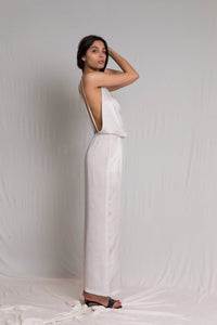 Bastet Noir Women's Jumpsuits & Rompers Sleeveless & Backless Silk Satin Jumpsuit in White, Light Blue, or Dark Blue