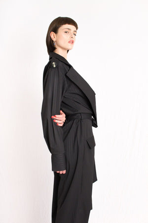 Bastet Noir Women's Jumpsuits & Rompers The Barbara Black Striped Plunging Neckline Jumpsuit With Detachable Belt