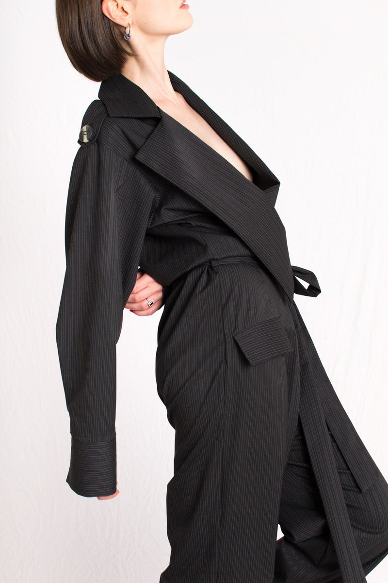 Bastet Noir Women's Jumpsuits & Rompers The Barbara Black Striped Plunging Neckline Jumpsuit With Detachable Belt