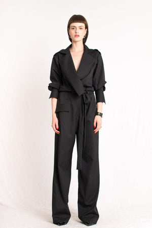 Bastet Noir Women's Jumpsuits & Rompers The Barbara Black Striped Plunging Neckline Jumpsuit With Detachable Belt