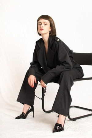 Bastet Noir Women's Jumpsuits & Rompers The Barbara Black Striped Plunging Neckline Jumpsuit With Detachable Belt