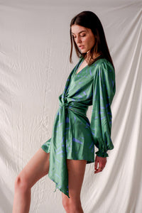 Bastet Noir Women's Jumpsuits & Rompers The Sici Silk-Satin Jumpsuit With Short Pants & Front Bow in Black Or Green
