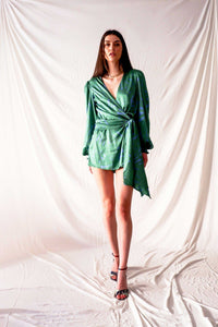 Bastet Noir Women's Jumpsuits & Rompers The Sici Silk-Satin Jumpsuit With Short Pants & Front Bow in Black Or Green