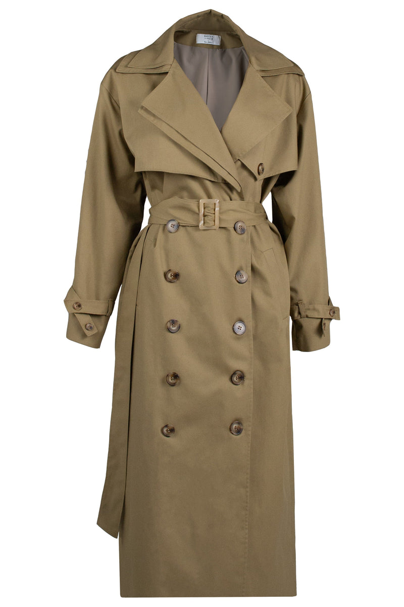 Bastet Noir Women's Outerwear Women's Beige Cotton Trench Coat with Double-Notch Lapel