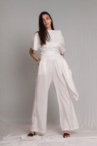 Bastet Noir Women's Pants & Trousers EU38/US6 / White Pants & Top Set in White or Green Silk