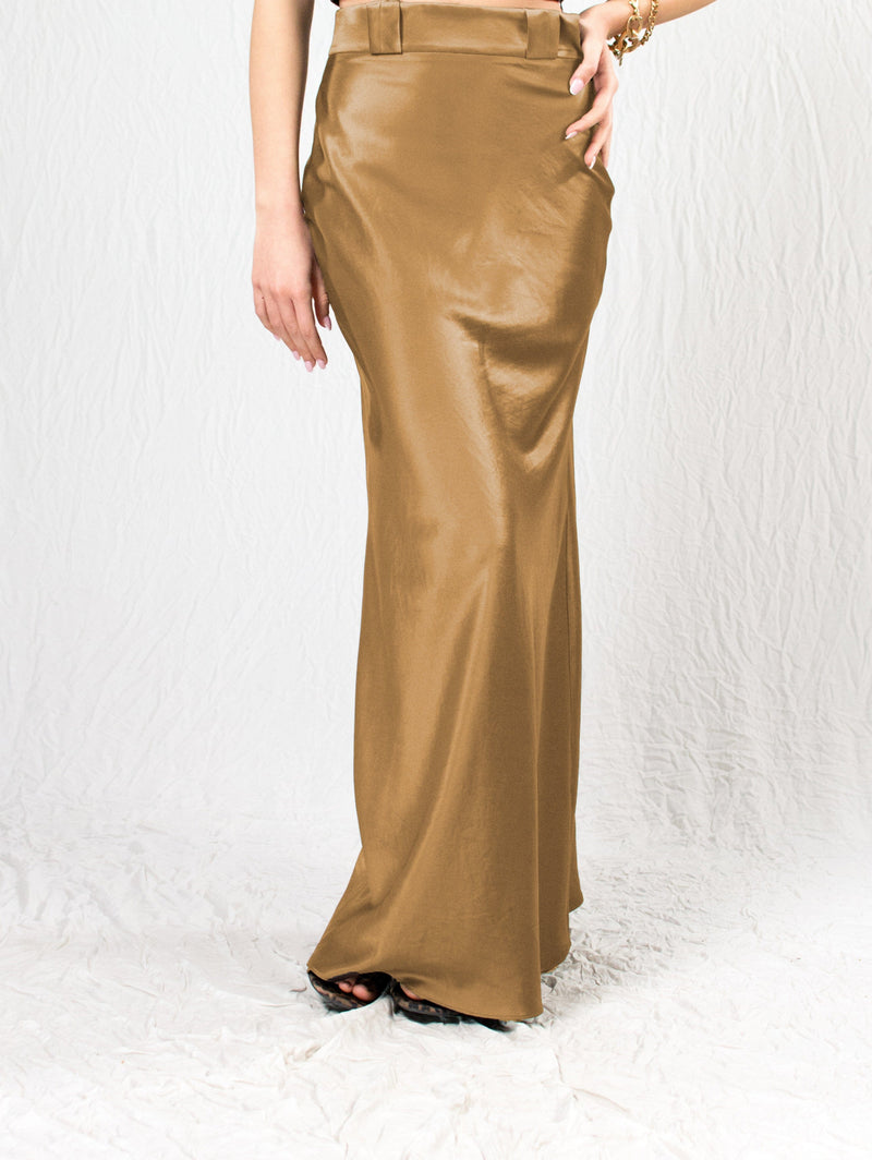 Bastet Noir Women's Skirt CUSTOM / Gold Jeri Maxi Skirt in Chocolate 100% Silk Satin
