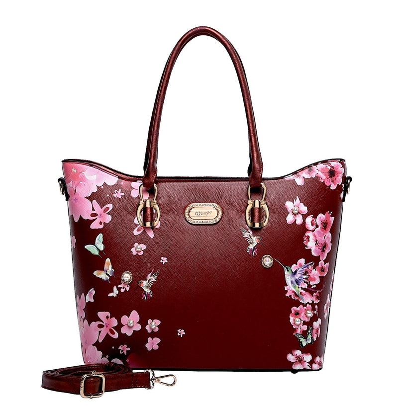 Brangio Italy Collections Handbag Burgundy Hummingbird Bloom Vegan Leather Handle Bag + Wallet - Colors Available | BI