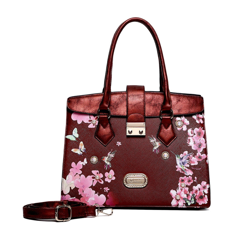 Brangio Italy Collections Handbag Burgundy Hummingbird Soar Vegan Leather Top-Handle + Wallet - Colors Available | BI