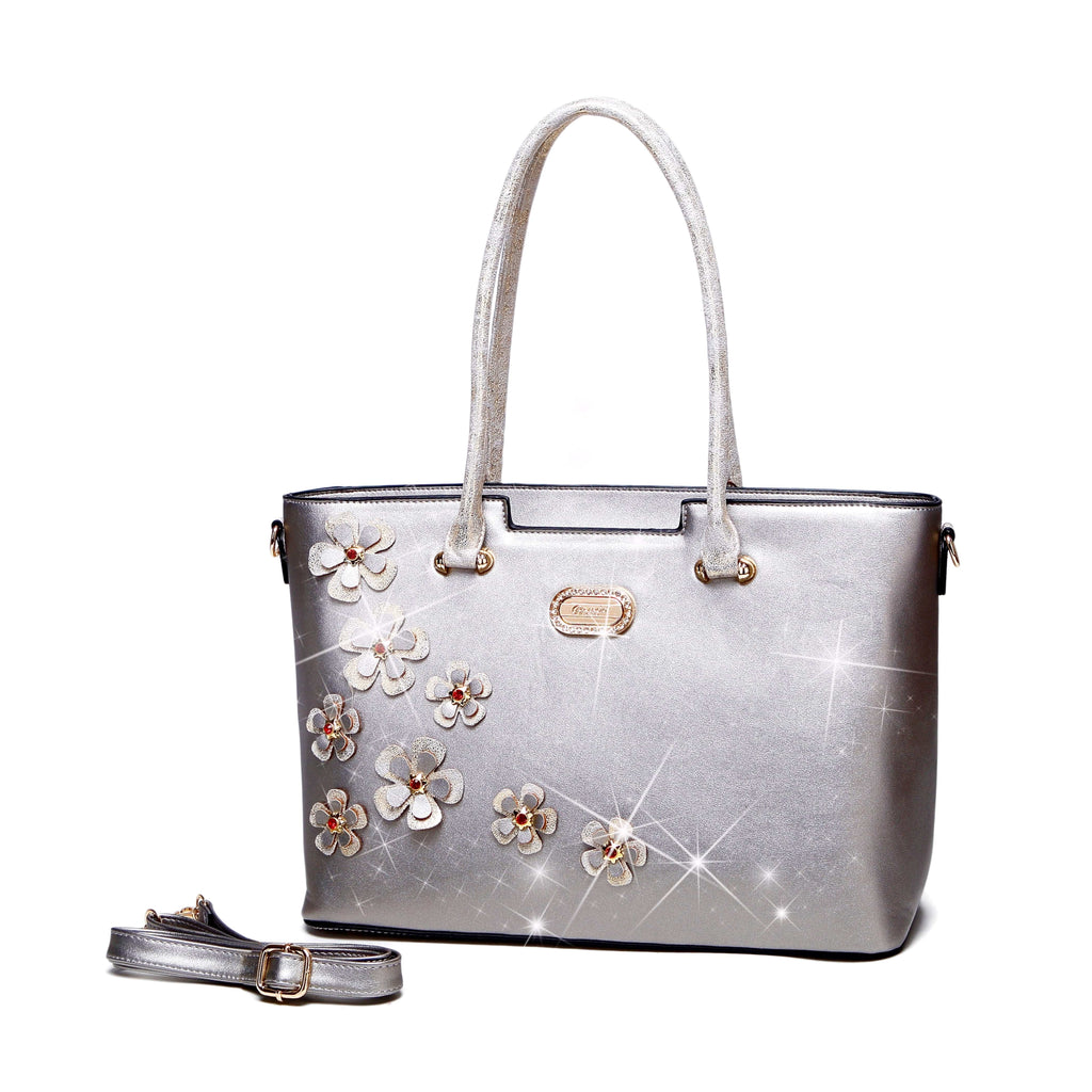 Brangio Italy Collections Handbag Pewter BI Twinkle Cosmos Florality Women's Tote in Light Gold or Pewter