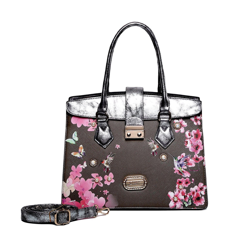 Brangio Italy Collections Handbag Pewter Hummingbird Soar Vegan Leather Top-Handle + Wallet - Colors Available | BI