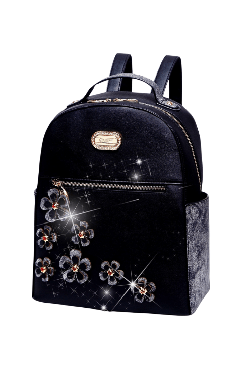 Brangio Italy Collections Handbag Set Black Twinkle Cosmos Floral Fashion Backpack + Wallet |BI