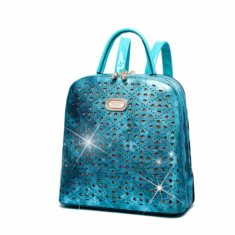 Brangio Italy Collections Handbag Turquoise Blue BI Sparkle of Hearts Backpack Bag for Women in Dark Night, Silver, or Turquoise