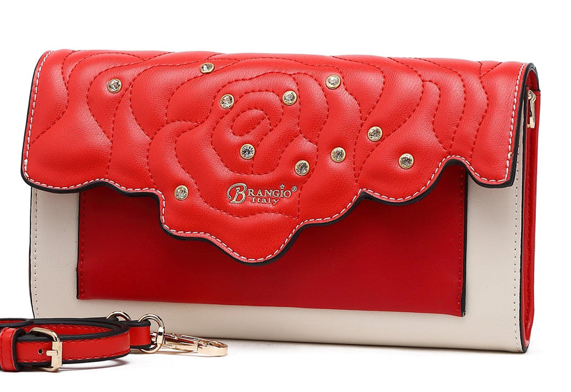 Brangio Italy Collections Wallet BI Women's Rosette 3D Crystal Mini Crossbody Clutch in Black, Blue, Gold, Pink, or Red