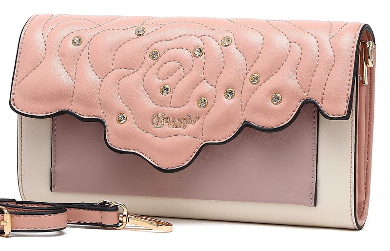 Brangio Italy Collections Wallet Candy Pink BI Women's Rosette 3D Crystal Mini Crossbody Clutch in Black, Blue, Gold, Pink, or Red