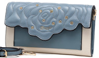 Brangio Italy Collections Wallet Hazy Blue BI Women's Rosette 3D Crystal Mini Crossbody Clutch in Black, Blue, Gold, Pink, or Red