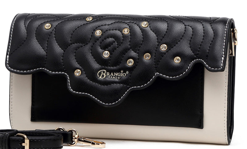 Brangio Italy Collections Wallet Knight Black BI Women's Rosette 3D Crystal Mini Crossbody Clutch in Black, Blue, Gold, Pink, or Red