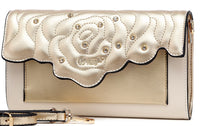 Brangio Italy Collections Wallet Metallic Gold BI Women's Rosette 3D Crystal Mini Crossbody Clutch in Black, Blue, Gold, Pink, or Red