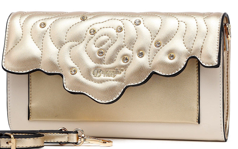 Brangio Italy Collections Wallet Metallic Gold BI Women's Rosette 3D Crystal Mini Crossbody Clutch in Black, Blue, Gold, Pink, or Red