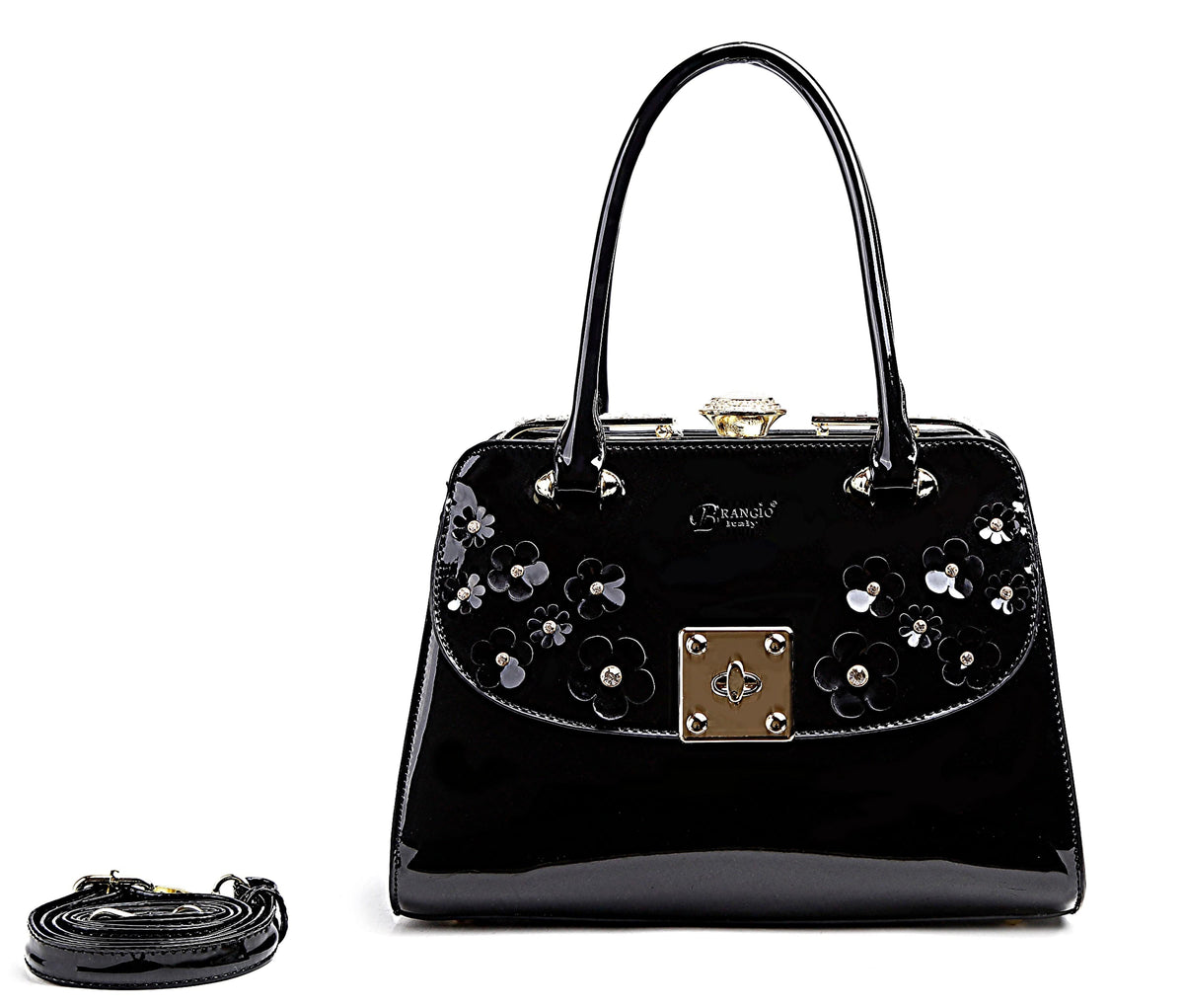 Brangio Italy Collections Women's Handbag Black Floral Sparx Designer Crystal Handbag + Wallet |BI