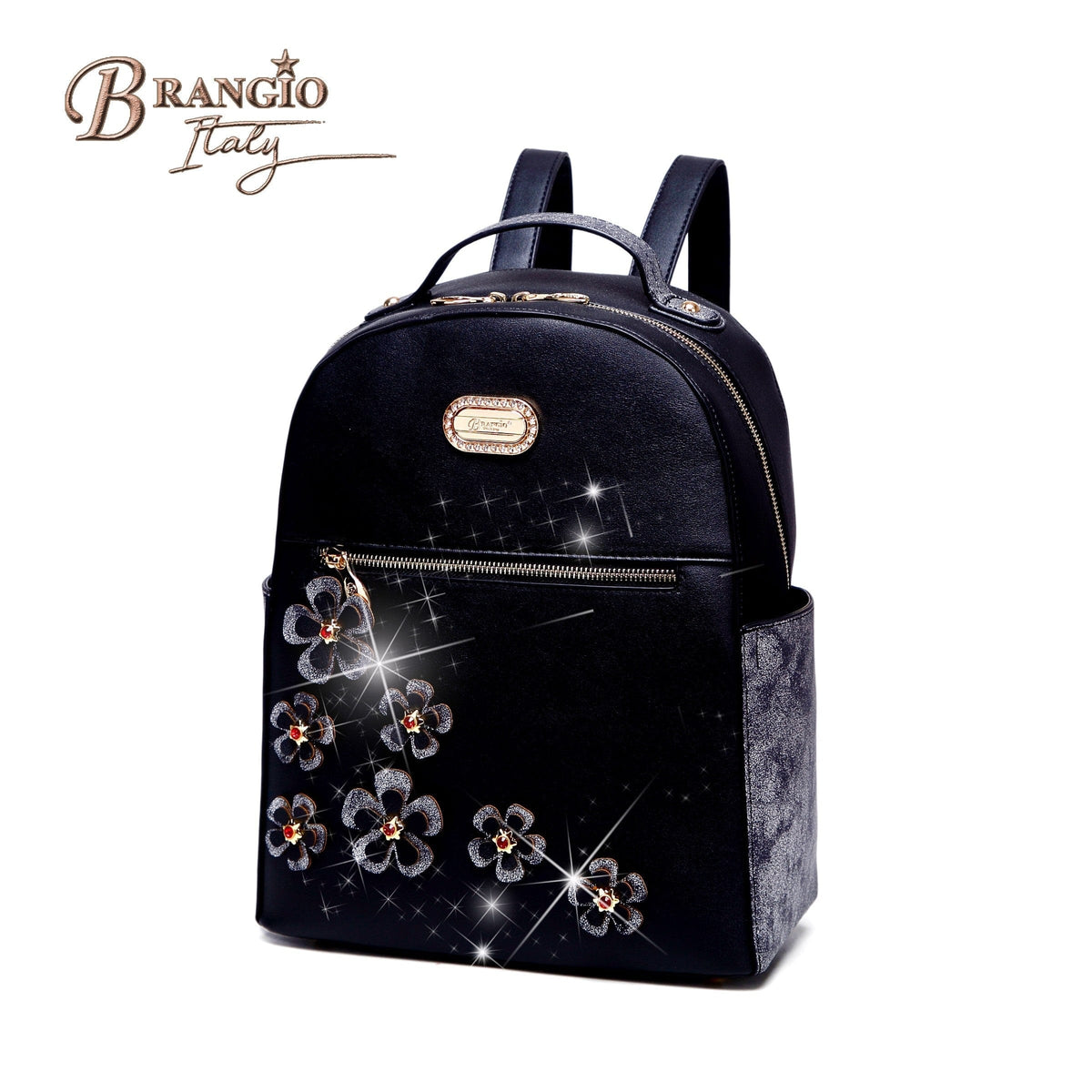 Brangio Italy Collections Women's Handbag Set Black Twinkle Cosmos Floral Fashion Backpack + Wallet |BI