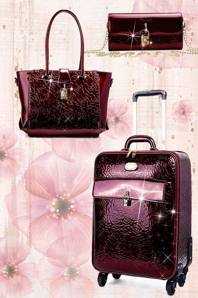 Brangio Italy Luggage Handbag Burgundy Luggage + Handbag + Wallet BI Rosy Lox 1.0 Women's 3PC Set in Ivory, Burgundy, Purple, Bronze, Black, or Royal Blue