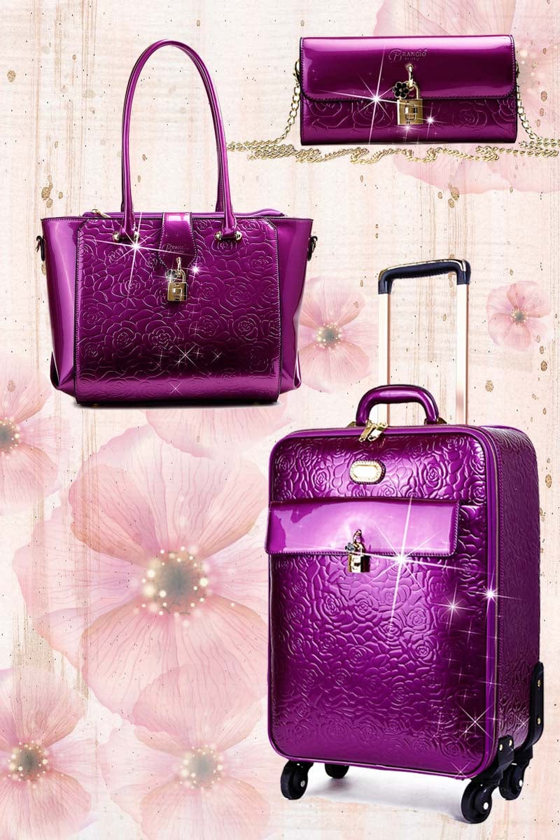 Brangio Italy Luggage Handbag Purple Luggage + Handbag + Wallet BI Rosy Lox 1.0 Women's 3PC Set in Ivory, Burgundy, Purple, Bronze, Black, or Royal Blue