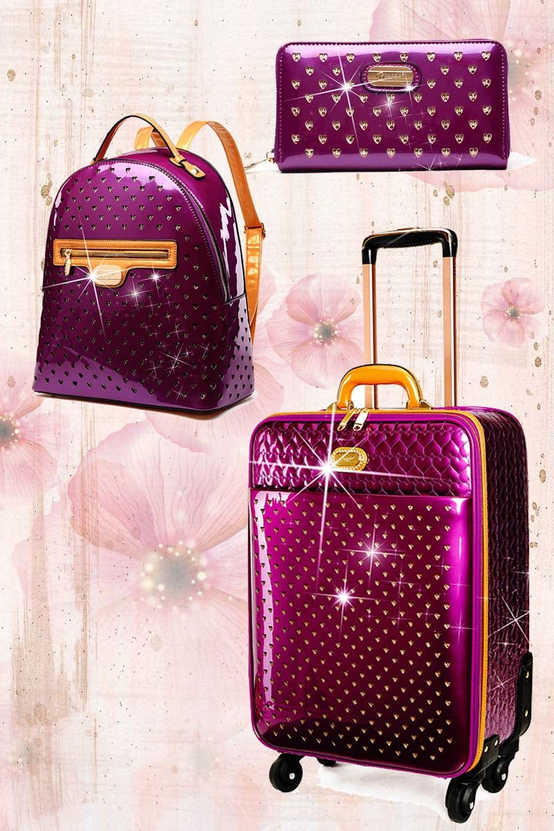 Brangio Italy Luggage Handbag Purple Luggage + Handbag + Wallet Bi Starz Art 3PC Set | Luxury Women Overnight Bag Set in Bronze, Rose, or Purple