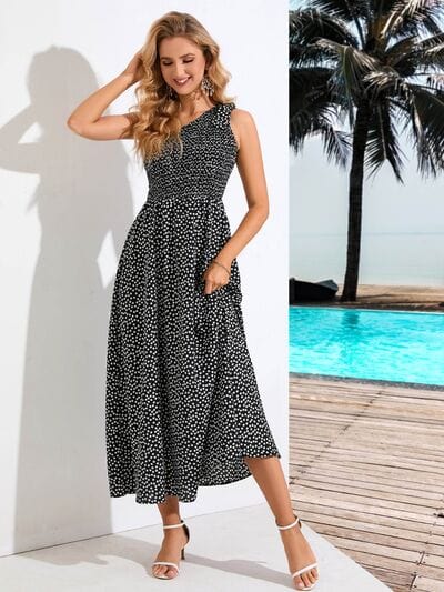 Printed Single Shoulder Midi Dress-