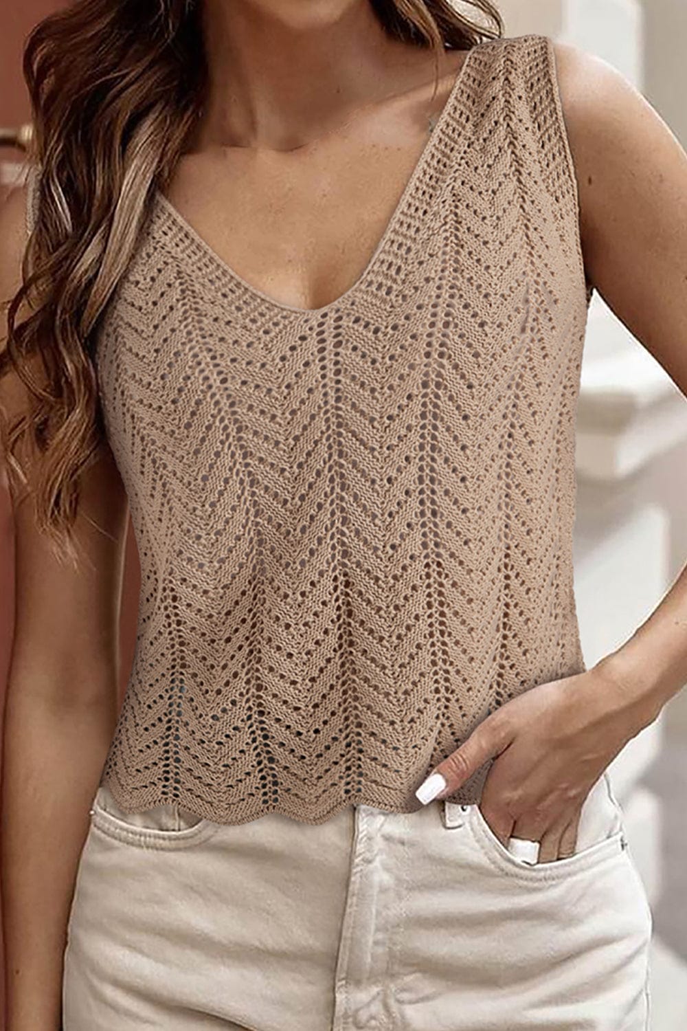 ClaudiaG Top Tan / S Crochet V-Neck Top