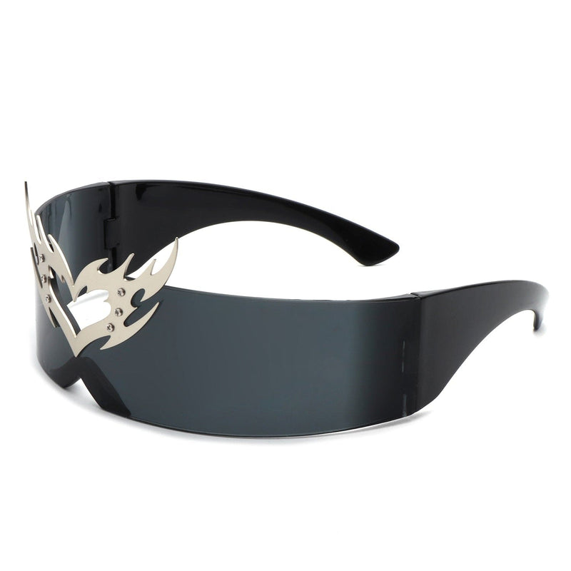 Cramilo Eyewear Sunglasses Black Emberlynn - Futuristic Cyclops Wraparound Shield Translucent Crown Design Sunglasses