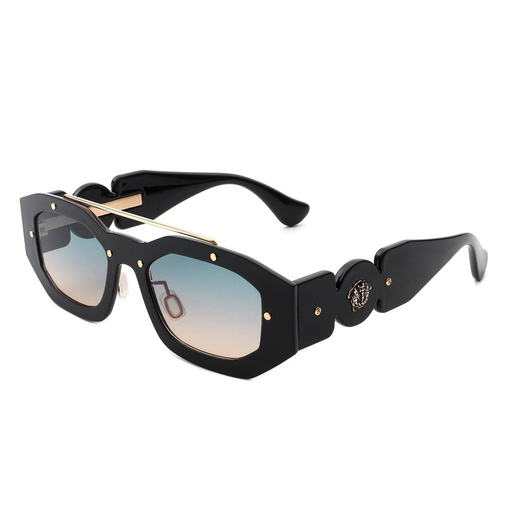 Cramilo Eyewear Sunglasses Black/Green Xanadusk- Geometric Retro Irregular Brow-Bar Square Fashion Sunglasses