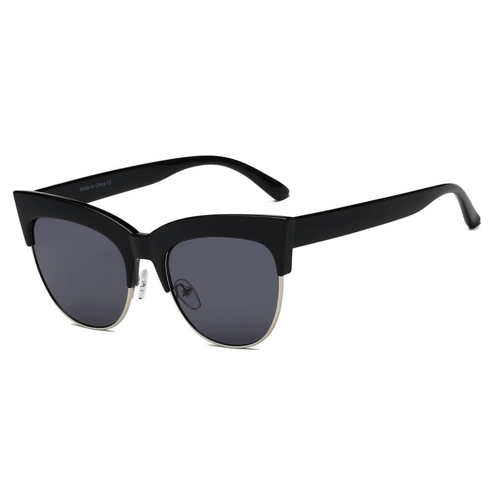Cramilo Eyewear Sunglasses Black HENRIETTA | Women Half Frame Round Cat Eye Sunglasses