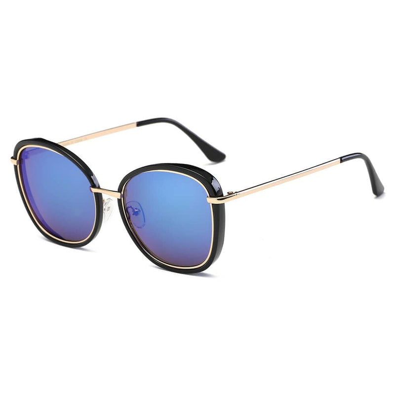 Cramilo Eyewear Sunglasses Black Rims - Blue Lens BROOKVILLE | Women Round Cat Eye Oversize Sunglasses