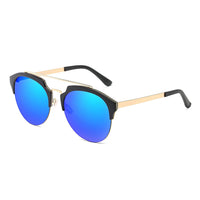 Cramilo Eyewear Sunglasses Black Rims - Icy Blue Lens - Silver Arms COROLLA | Half Frame Mirrored Lens Horned Rim Sunglasses Circle
