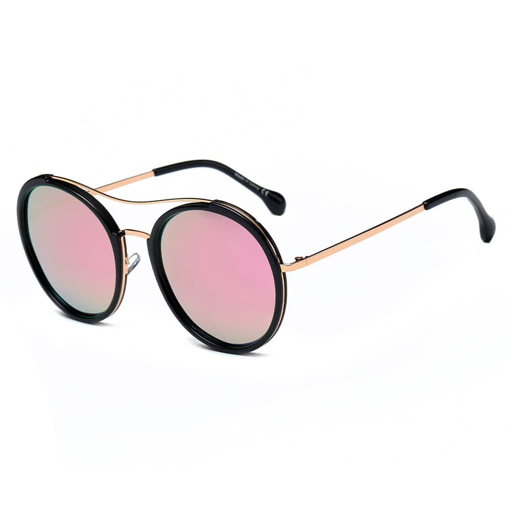 Cramilo Eyewear Sunglasses Black Rims - Pink Lens - Gold Arms EMPORIA | Retro Polarized Lens Circle Round Sunglasses