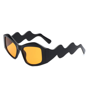 Cramilo Eyewear Sunglasses Black/Yellow Shimmerz - Square Oversize Irregular Wavy Temple Design Fashion Sunglasses